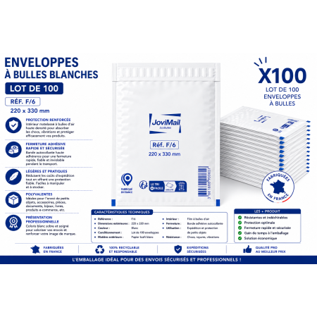 Lot de 100 Enveloppes à Bulles Blanches F/6 220 x 330 mm – Pochettes Matelassées d’Expédition pour Protection et Envoi de Colis