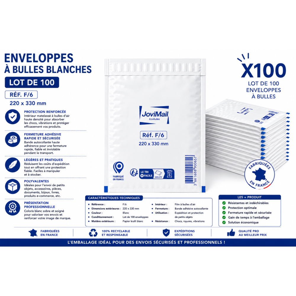 Lot de 100 Enveloppes à Bulles Blanches F/6 220 x 330 mm – Pochettes Matelassées d’Expédition pour Protection et Envoi de Colis