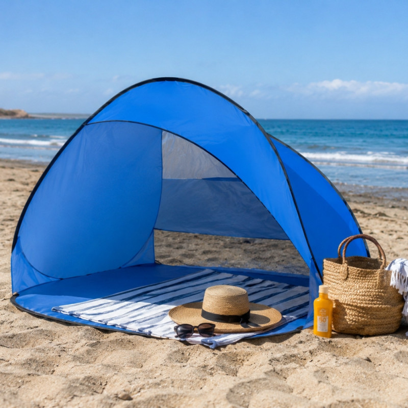 Pare Vent de Plage Pop Up Bleu UPF 50 150 x 85 cm – Abri Pliable Anti UV avec Arceaux Fibre de Verre et Housse