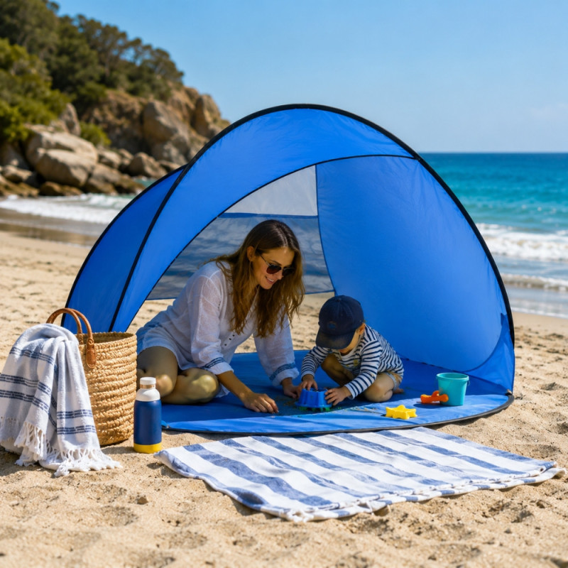 Pare Vent de Plage Pop Up Bleu UPF 50 150 x 85 cm – Abri Pliable Anti UV avec Arceaux Fibre de Verre et Housse