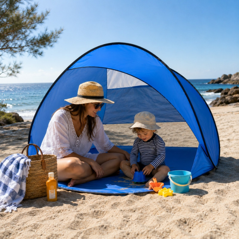 Pare Vent de Plage Pop Up Bleu UPF 50 150 x 85 cm – Abri Pliable Anti UV avec Arceaux Fibre de Verre et Housse