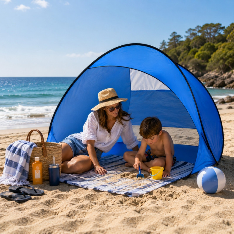 Pare Vent de Plage Pop Up Bleu UPF 50 150 x 85 cm – Abri Pliable Anti UV avec Arceaux Fibre de Verre et Housse