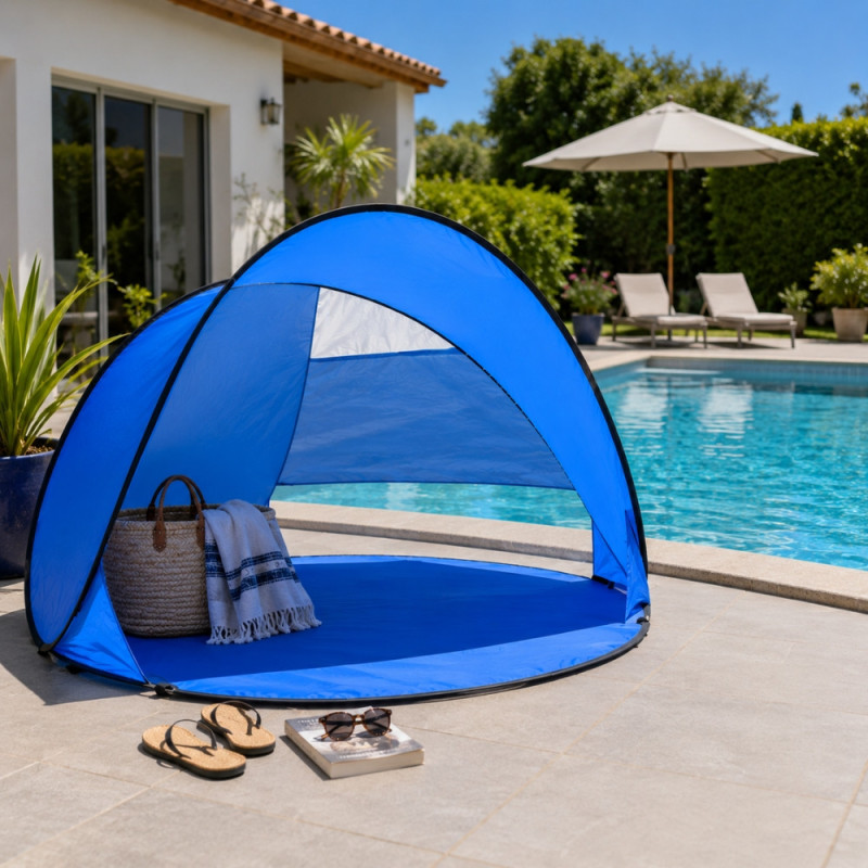Pare Vent de Plage Pop Up Bleu UPF 50 150 x 85 cm – Abri Pliable Anti UV avec Arceaux Fibre de Verre et Housse