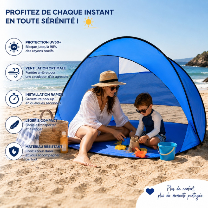 Pare Vent de Plage Pop Up Bleu UPF 50 150 x 85 cm – Abri Pliable Anti UV avec Arceaux Fibre de Verre et Housse