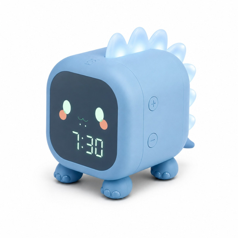 Réveil Enfant Dinosaure Bleu avec Veilleuse LED Rétroéclairée – Double Alarme, Horloge Digitale et Température