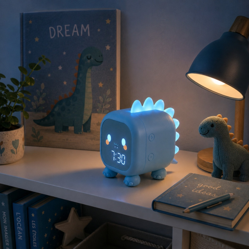 Réveil Enfant Dinosaure Bleu avec Veilleuse LED Rétroéclairée – Double Alarme, Horloge Digitale et Température