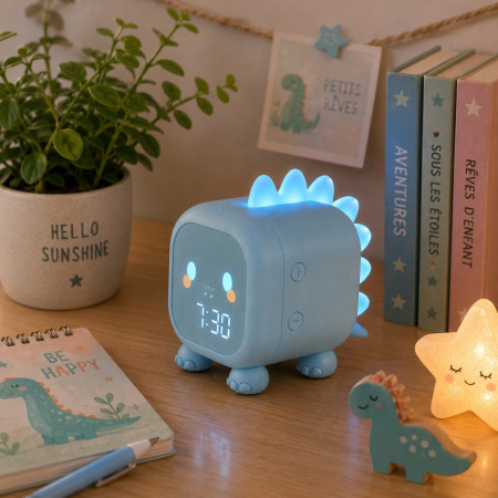 Réveil Enfant Dinosaure Bleu avec Veilleuse LED Rétroéclairée – Double Alarme, Horloge Digitale et Température