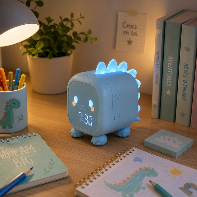 Réveil Enfant Dinosaure Bleu avec Veilleuse LED Rétroéclairée – Double Alarme, Horloge Digitale et Température