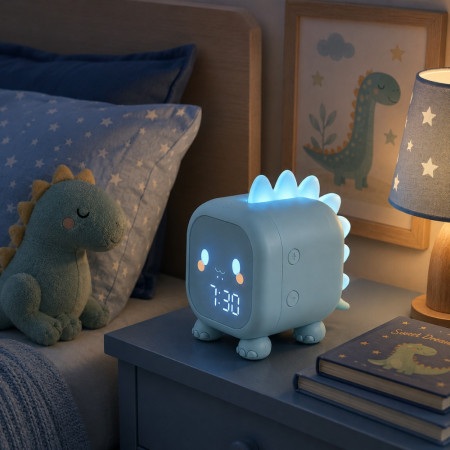 Réveil Enfant Dinosaure Bleu avec Veilleuse LED Rétroéclairée – Double Alarme, Horloge Digitale et Température
