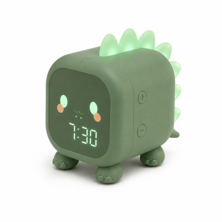 Réveil Enfant Dinosaure Vert avec Veilleuse LED Rétroéclairée – Double Alarme, Horloge Digitale et Température