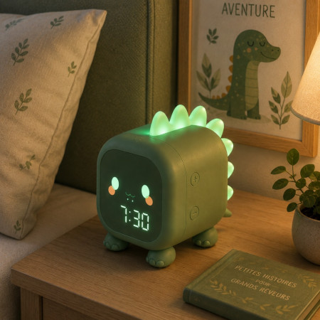 Réveil Enfant Dinosaure Vert avec Veilleuse LED Rétroéclairée – Double Alarme, Horloge Digitale et Température