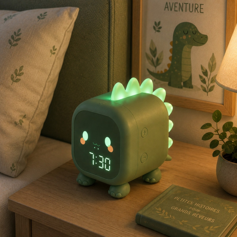 Réveil Enfant Dinosaure Vert avec Veilleuse LED Rétroéclairée – Double Alarme, Horloge Digitale et Température