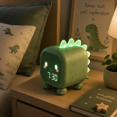 Réveil Enfant Dinosaure Vert avec Veilleuse LED Rétroéclairée – Double Alarme, Horloge Digitale et Température