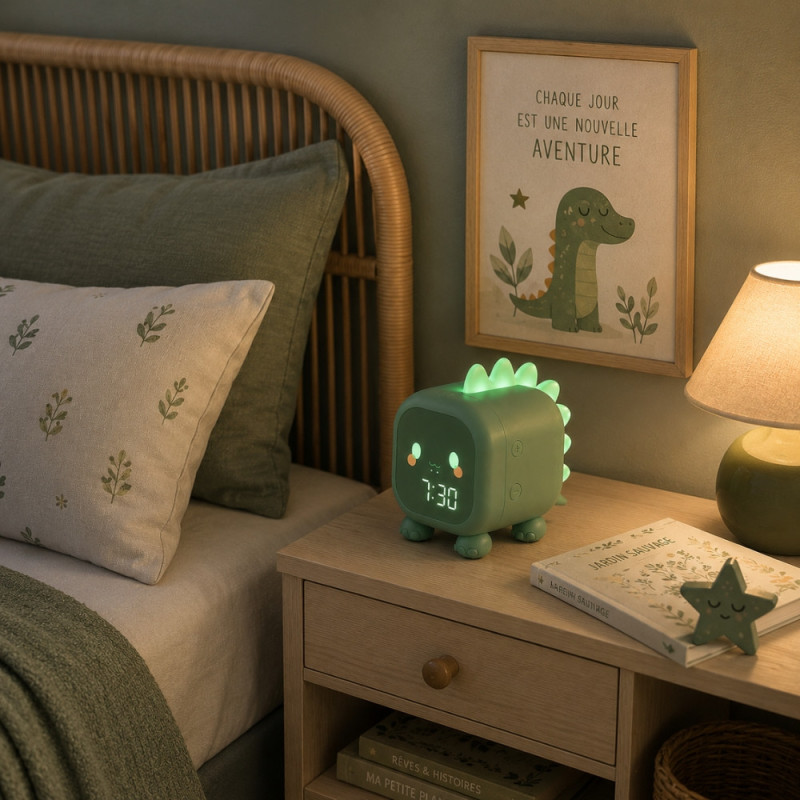 Réveil Enfant Dinosaure Vert avec Veilleuse LED Rétroéclairée – Double Alarme, Horloge Digitale et Température