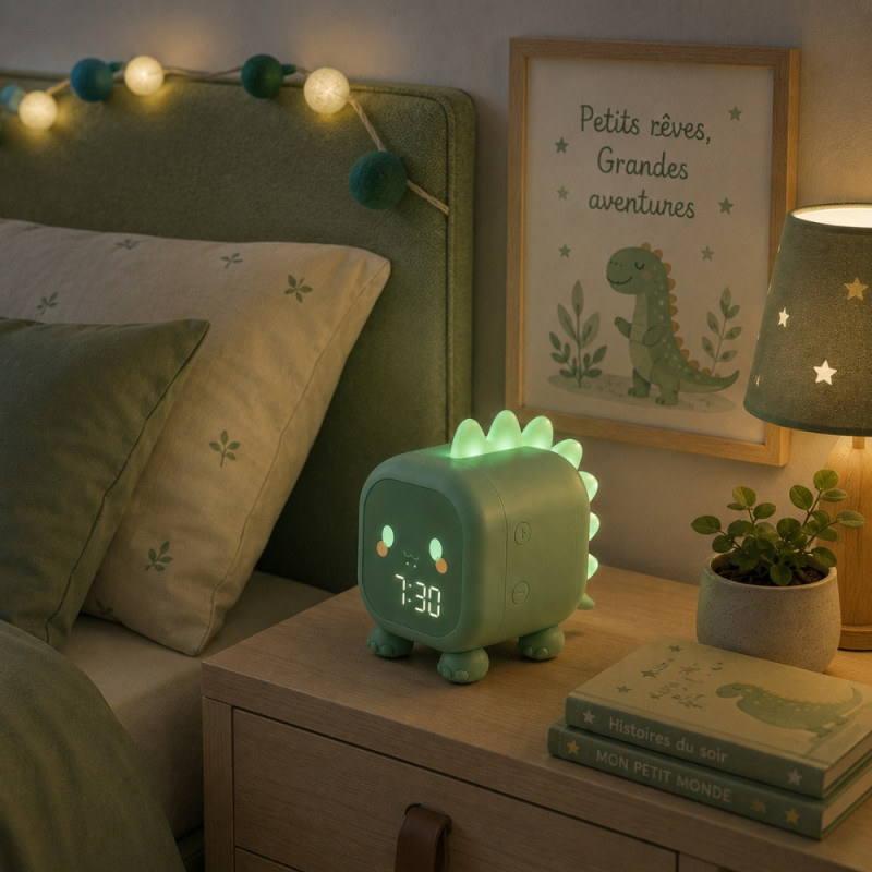 Réveil Enfant Dinosaure Vert avec Veilleuse LED Rétroéclairée – Double Alarme, Horloge Digitale et Température