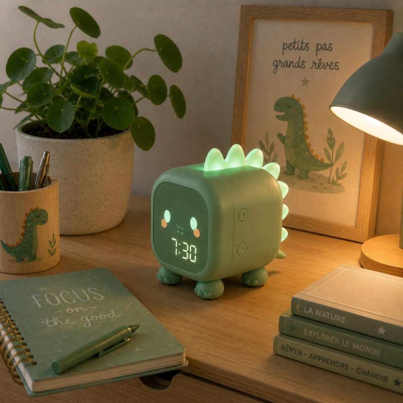 Réveil Enfant Dinosaure Vert avec Veilleuse LED Rétroéclairée – Double Alarme, Horloge Digitale et Température