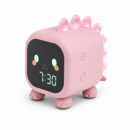 Réveil Enfant Dinosaure Rose avec Veilleuse LED Rétroéclairée – Double Alarme, Horloge Digitale et Température