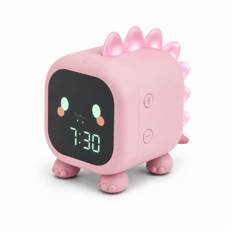 Réveil Enfant Dinosaure Rose avec Veilleuse LED Rétroéclairée – Double Alarme, Horloge Digitale et Température