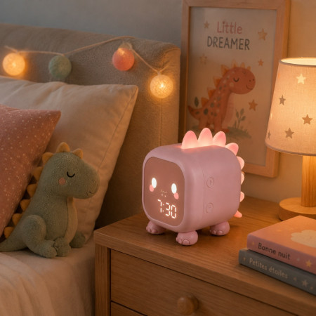 Réveil Enfant Dinosaure Rose avec Veilleuse LED Rétroéclairée – Double Alarme, Horloge Digitale et Température
