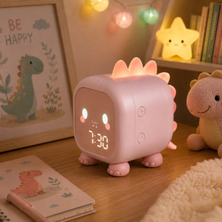 Réveil Enfant Dinosaure Rose avec Veilleuse LED Rétroéclairée – Double Alarme, Horloge Digitale et Température