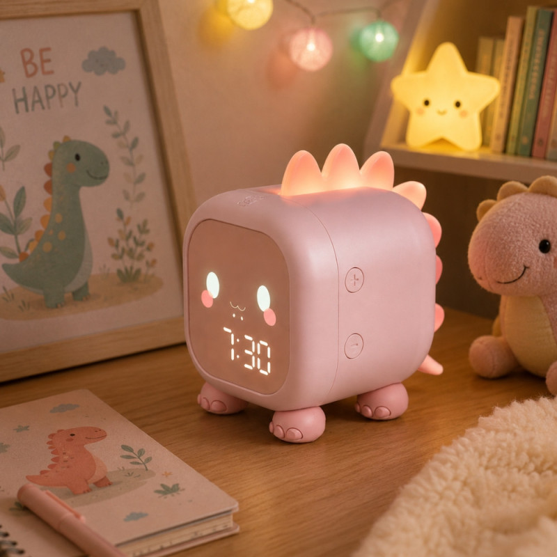 Réveil Enfant Dinosaure Rose avec Veilleuse LED Rétroéclairée – Double Alarme, Horloge Digitale et Température