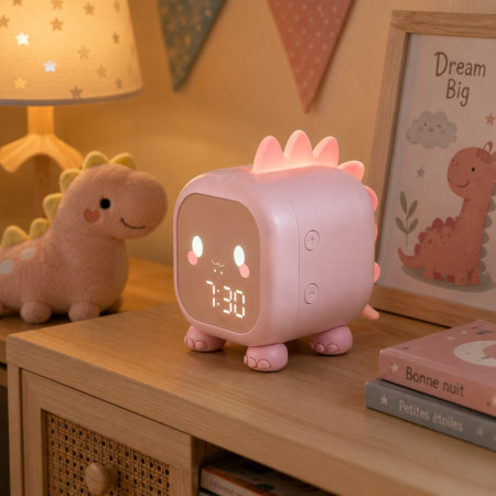 Réveil Enfant Dinosaure Rose avec Veilleuse LED Rétroéclairée – Double Alarme, Horloge Digitale et Température
