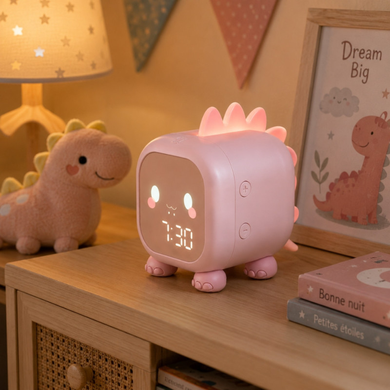 Réveil Enfant Dinosaure Rose avec Veilleuse LED Rétroéclairée – Double Alarme, Horloge Digitale et Température