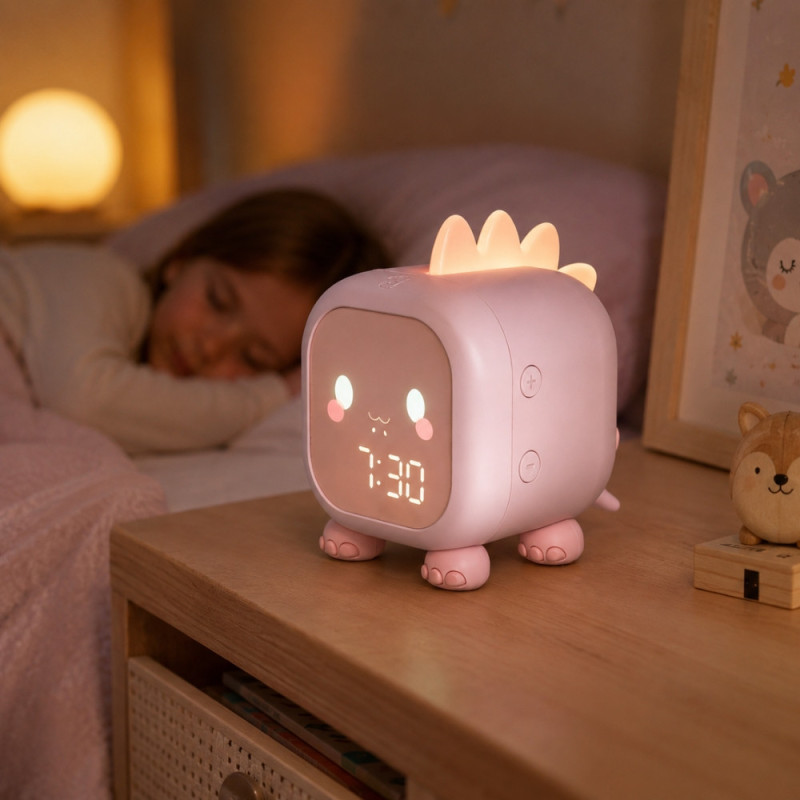 Réveil Enfant Dinosaure Rose avec Veilleuse LED Rétroéclairée – Double Alarme, Horloge Digitale et Température