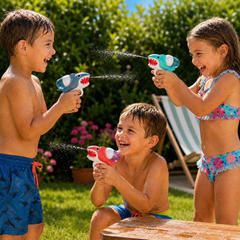 SHARKGUN-Pack de 3 Pistolets à Eau Requin Colorés 13 cm pour Enfants – Jouets d’Eau pour Piscine, Plage, Couleur Aléatoire