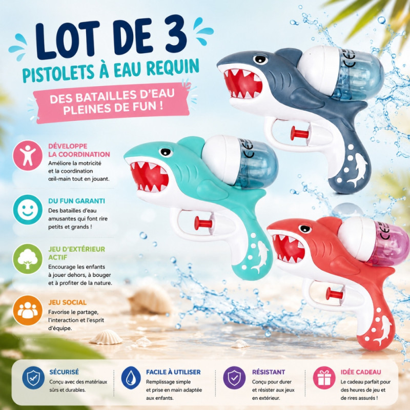 SHARKGUN-Pack de 3 Pistolets à Eau Requin Colorés 13 cm pour Enfants – Jouets d’Eau pour Piscine, Plage, Couleur Aléatoire