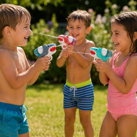 SHARKGUN-Pack de 3 Pistolets à Eau Requin Colorés 13 cm pour Enfants – Jouets d’Eau pour Piscine, Plage, Couleur Aléatoire