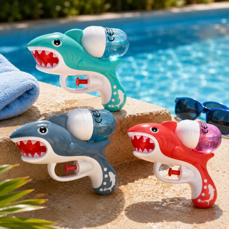 SHARKGUN-Pack de 3 Pistolets à Eau Requin Colorés 13 cm pour Enfants – Jouets d’Eau pour Piscine, Plage, Couleur Aléatoire