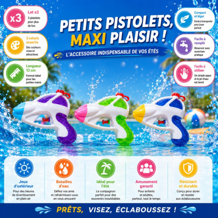FUTURGUN - Set de 3 Pistolets à Eau Design Futuriste 13 cm Colorés – Jouets d’Eau pour Enfants en Couleur Aléatoire