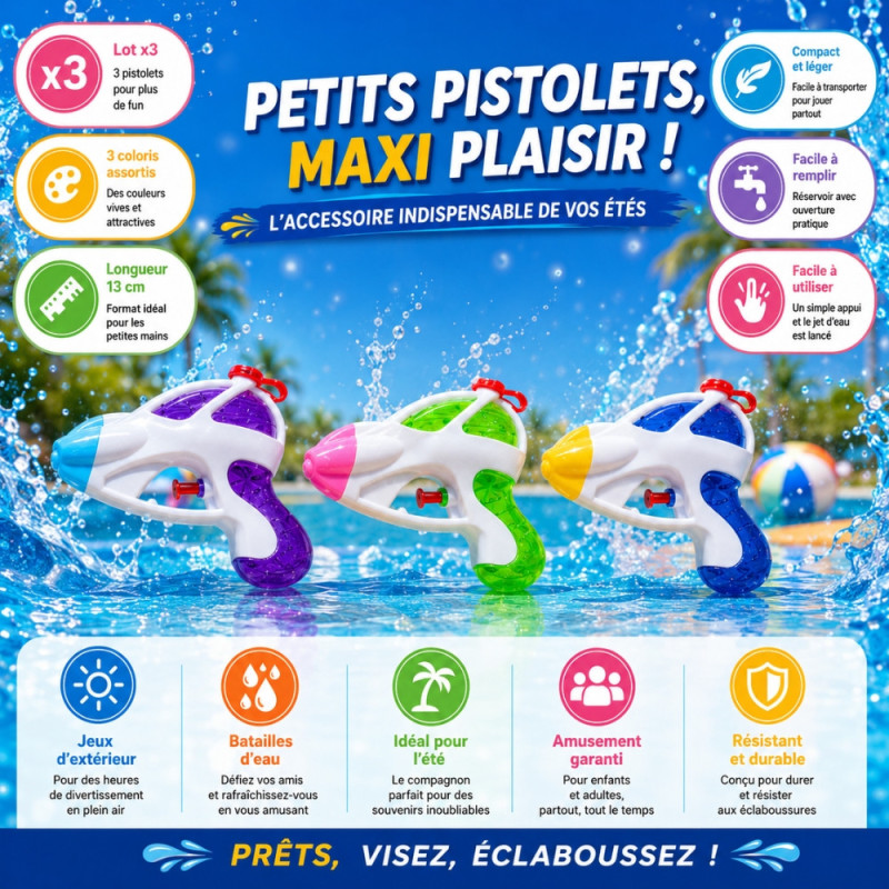 FUTURGUN - Set de 3 Pistolets à Eau Design Futuriste 13 cm Colorés – Jouets d’Eau pour Enfants en Couleur Aléatoire
