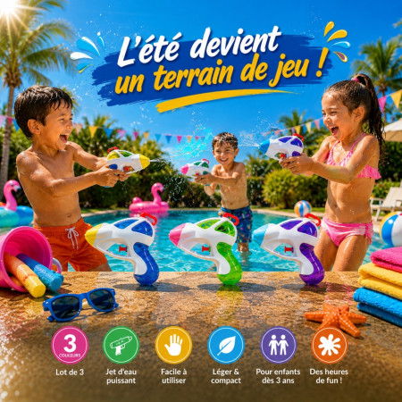 FUTURGUN - Set de 3 Pistolets à Eau Design Futuriste 13 cm Colorés – Jouets d’Eau pour Enfants en Couleur Aléatoire