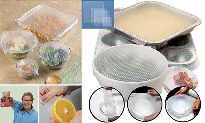 Lot de 4 Couvercles Magic'Over Tupperware Hermétiques Ajustables Réutilisables en Silicone Alimentaire Stretch and Fresh